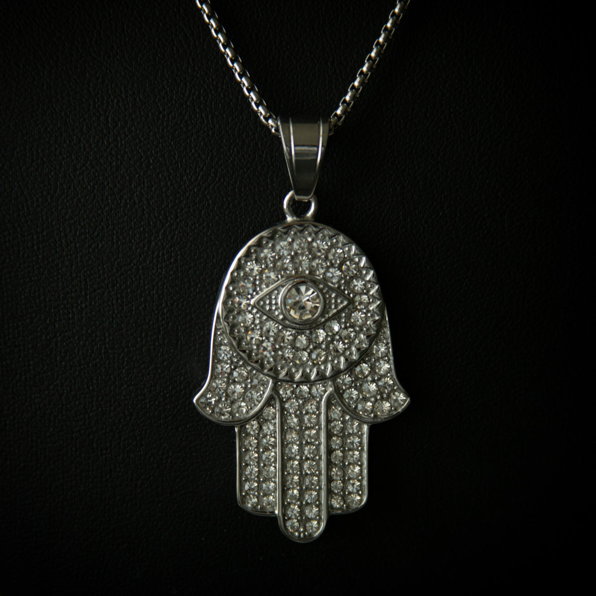 Big Hamsa Hand Pendent With Necklace - Silver with Clear Crystal Stones