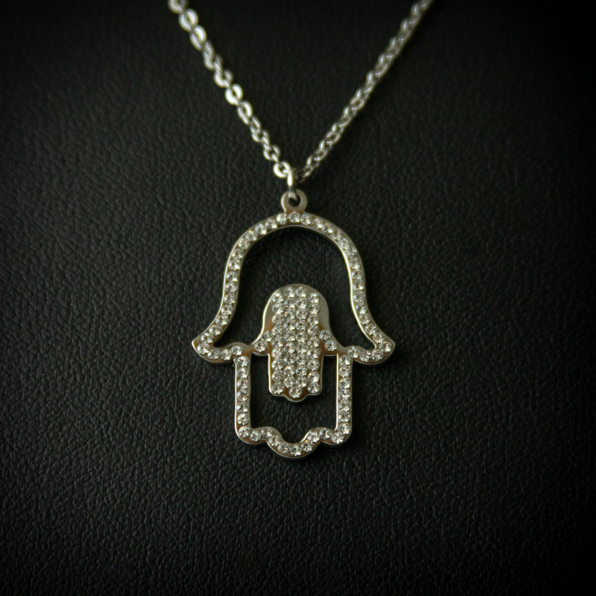 Open Hamsa Hand Pendent With Necklace - Silver with Clear Crystal Stones