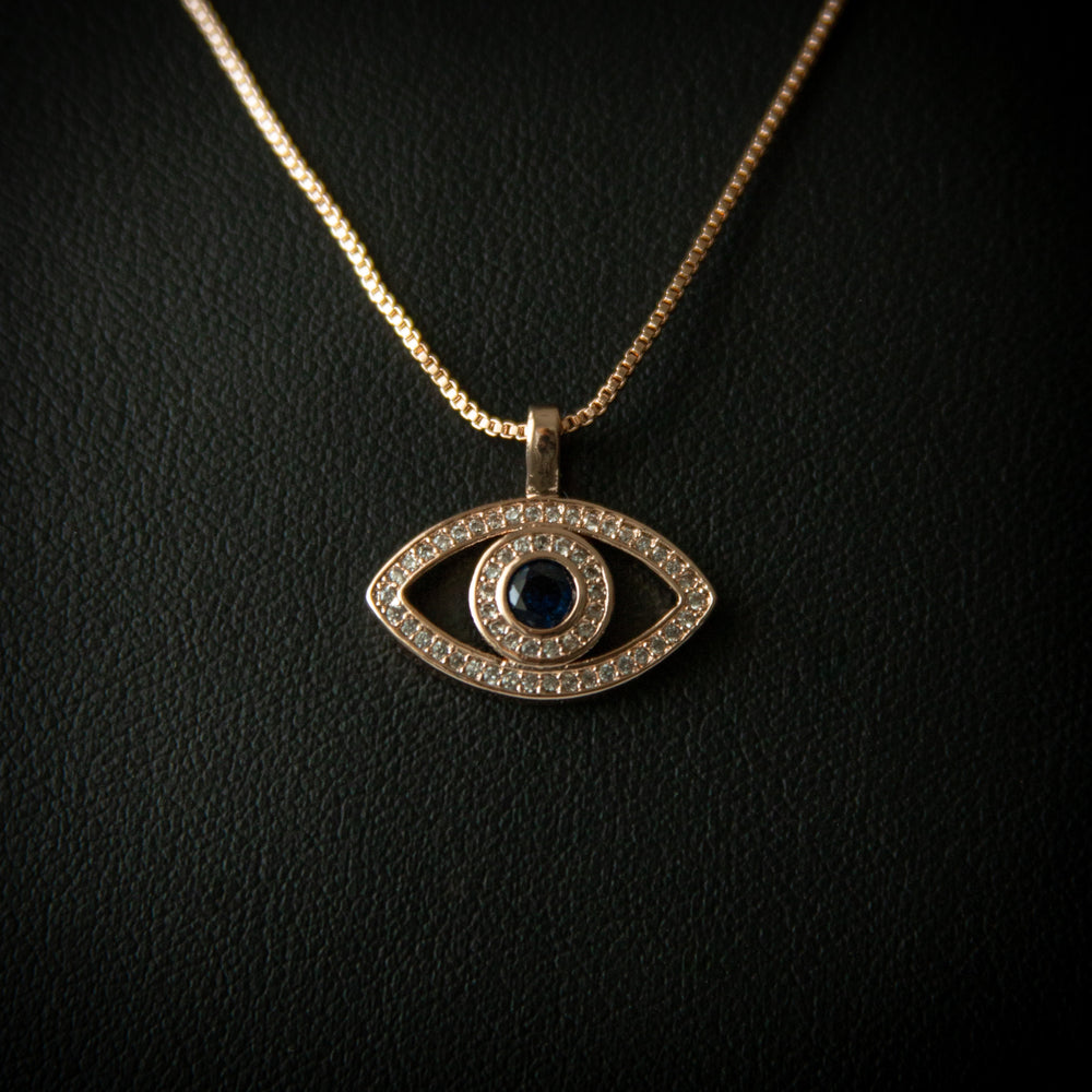 Open Eye Pendent With Necklace - Silver with Clear & Blue Crystal Stones