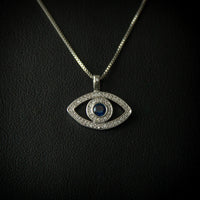 Load image into Gallery viewer, Open Eye Pendent With Necklace - Silver with Clear &amp; Blue Crystal Stones
